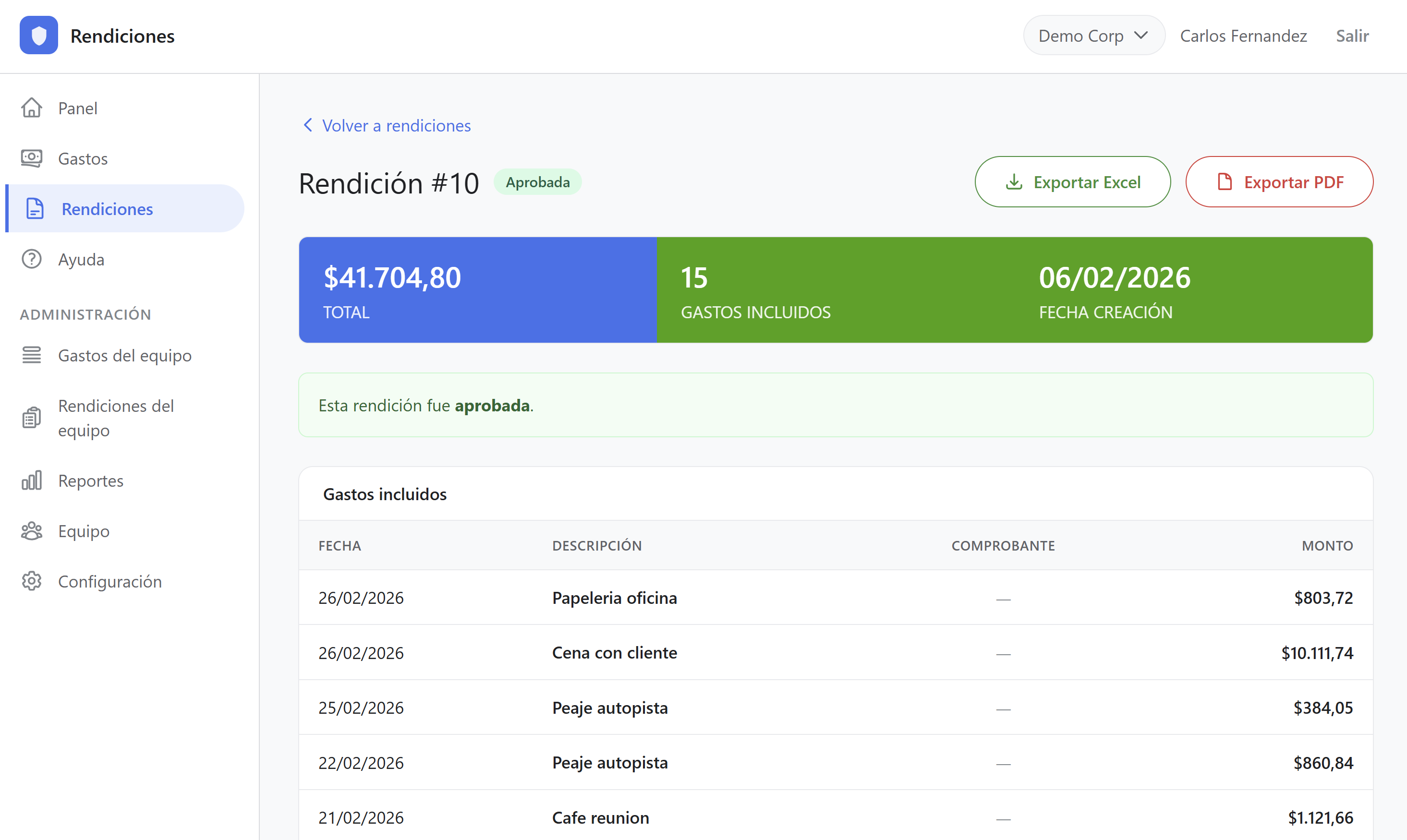 Detalle de una rendición con gastos individuales y comprobantes adjuntos