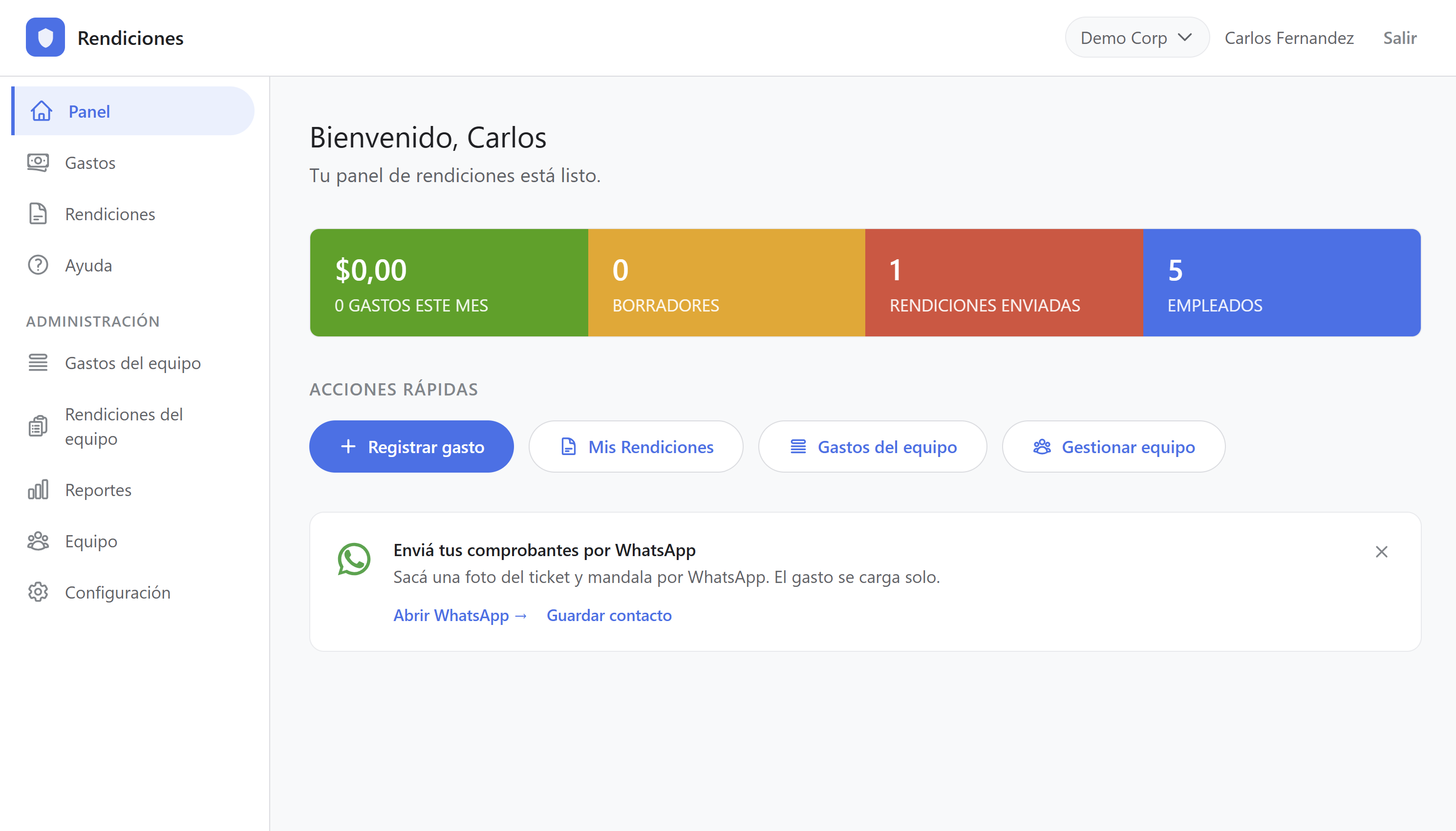 Panel de bienvenida de Rendiciones.online con resumen de gastos, borradores y rendiciones enviadas